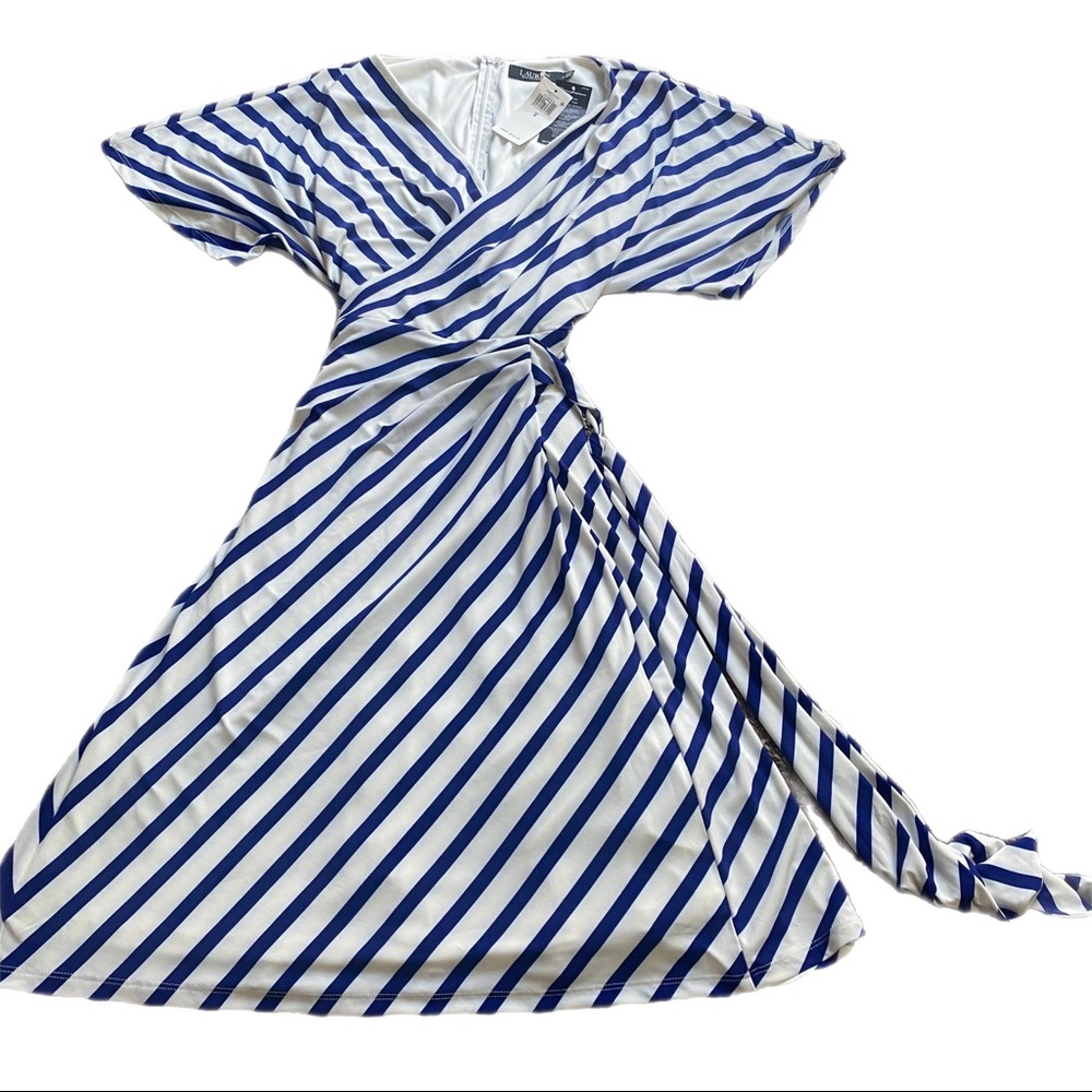 LAUREN Ralph Lauren Black Label Blue and white Striped Wrap-Detail Jersey Dress